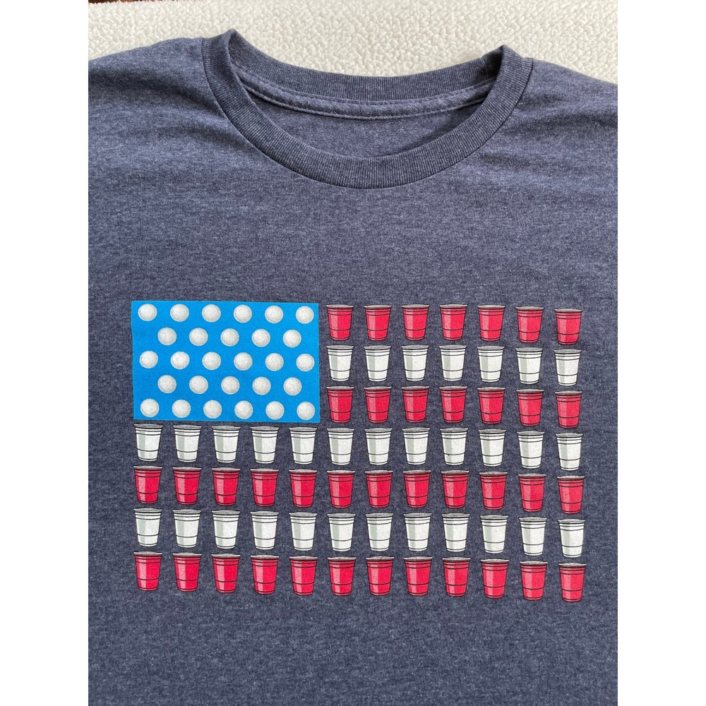 Unbranded Mens Large T-Shirt Navy Blue Red Solo Cup Beer Pong American Flag